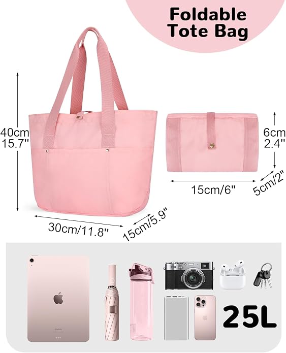 Foldable Tote Bag with Zipper for Women, 18L Nylon Lightweight Shoulder Handbag for Travel, Waterproof Beach Bag - Image 4