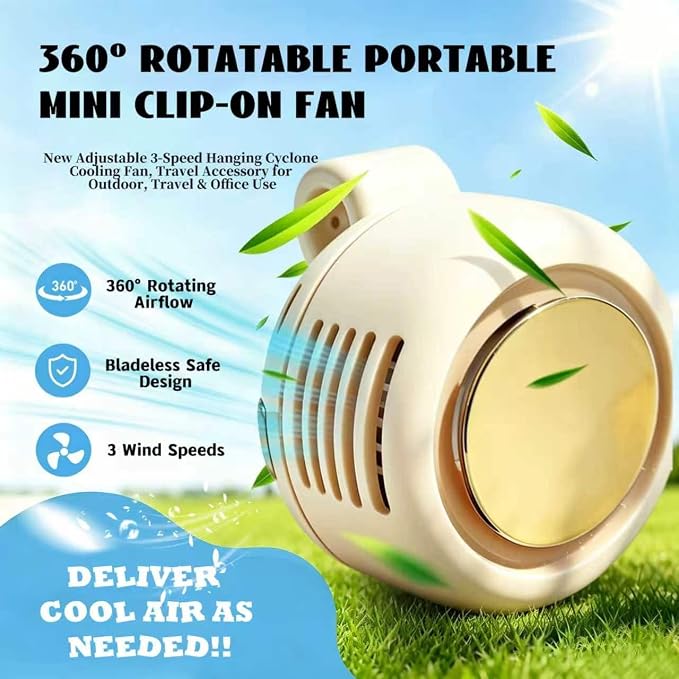 Portable Silent Clip-On Bladeless Personal Fan, Wearable Waist & Neck Fan, 360° Rotation, 3 Speeds, USB-C Rechargeable, Compact & Lightweight, Hands-Free Cooling for Travel, Office & Outdoor (White) - Image 4