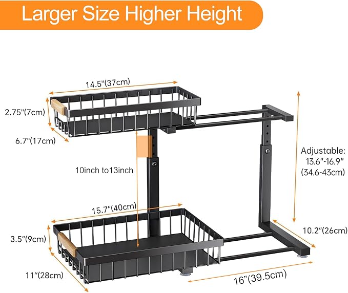 PXRACK Under Sink Organizer, Adjustable Height, 2 Tier Pull Out Under Cabinet Organizer, Slide Out Thickened Metal Under Sink Storage for Kitchen Bathroom Laundry Pantry Cabinet, Black, Large-2-Pack - Image 7