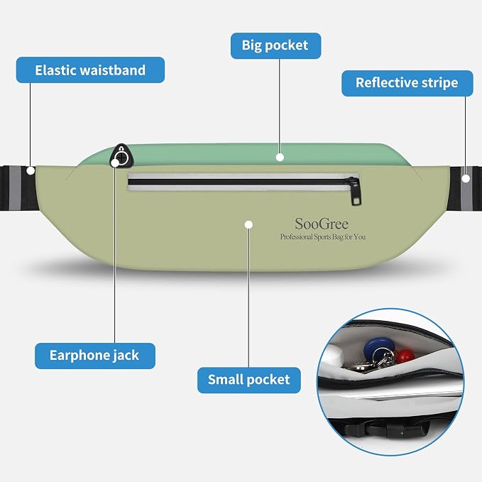 SooGree Running Waist Pack for Men Women, Lightweight Waterproof Sports Belt Bag, Phone Running Pouch, Night Reflective Fitness Storage Bag for Running Cycling Hiking Traveling (Green/Light Green) - Image 5