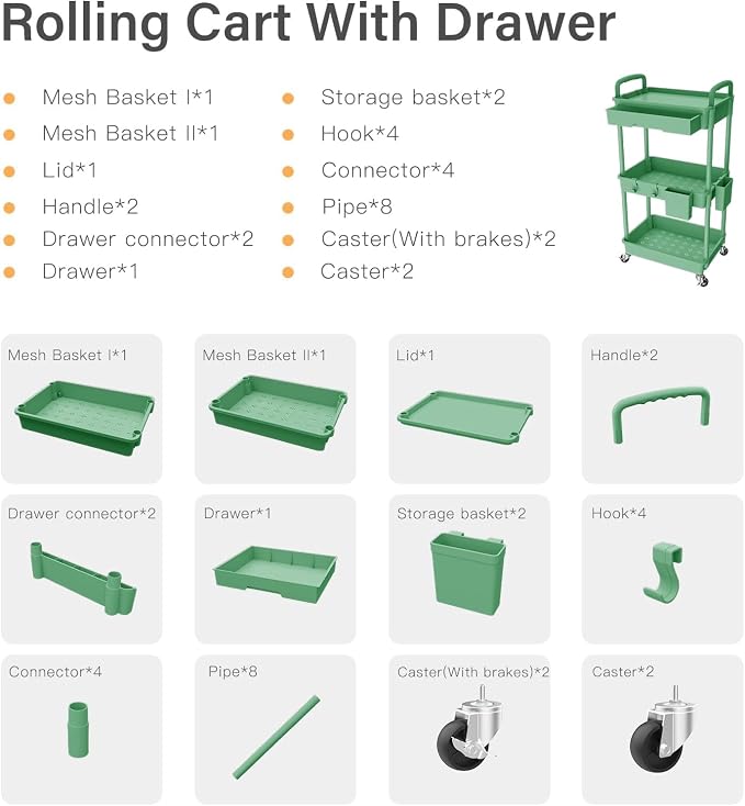 Sorgion 3 Tier Rolling Cart Organizer,Laundry Room Bathroom Organizers and Storage Office Shelves Mobile Shelving Unit Kitchen Trolley Cart with Wheels for Art,Craft,Diaper,Bedside,Snack(Green) - Image 7