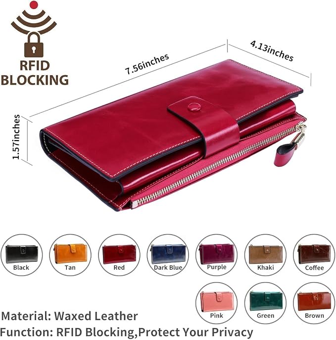 Itslife Womens RFID Blocking Large Capacity Luxury Wax Genuine Leather Wallet Clutch Ladies Card Holder - Image 2