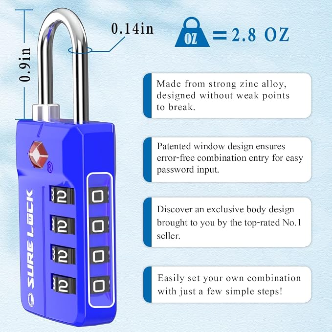 SURE LOCK TSA Approved 4-Digit Resettable Combination Luggage Locks with Open Alert, Easy-Read Dials - for Luggage, School Lockers, Gym, Office, Toolbox & Security Cases(Blue 2 Pack) - Image 3