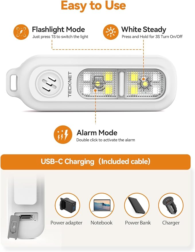 TECKNET Personal Safety Alarm 135dB with SOS Strobe Light for Women - Rechargeable& IPX4 Waterproof Running Lights with Clip On Torch & Low Battery Notice, Safety Siren for Running, Travel Kids, Wihte - Image 6