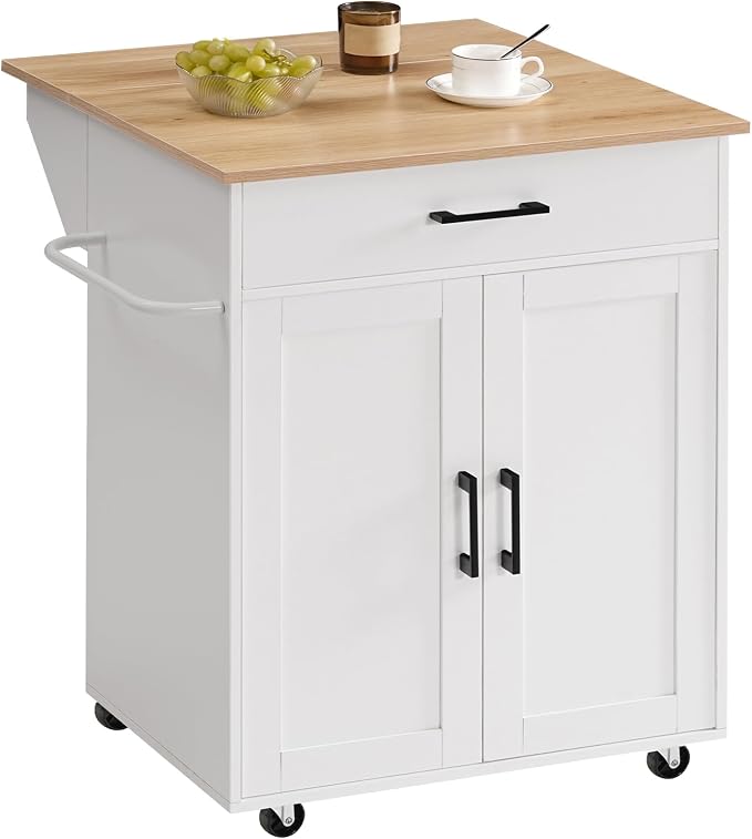 MAHANCRIS Kitchen Island on Wheels with Drop Leaf, Folding Countertop Kitchen Island Cart, Kitchen Island Table with Towel Rack, Drawer, for Kitchen, Dining Room, White and Natural KINW12501 by MAHANCRIS