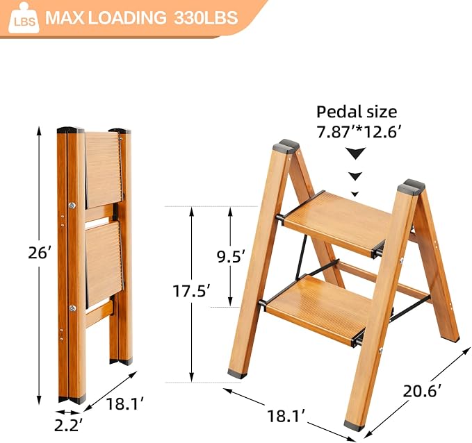 2 Step Ladder, Folding Step Stool with Anti-Slip Wide Pedal | Lightweight, Aluminum Material, 330LBS Load, Portable, Easy Storage, Space Saving, for Kitchen, Bedroom Use, Woodgrain - Image 7