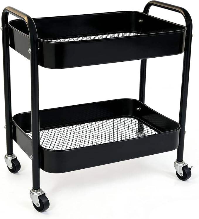 2 Tier Metal Rolling Utility Cart with Wheels Under Desk Storage Cart with Handle, Roll Around Organizer Trolley for Small Space Pantry Bathroom Home Kitchen Office Snack Baby Supplies, Black by Ufriandz