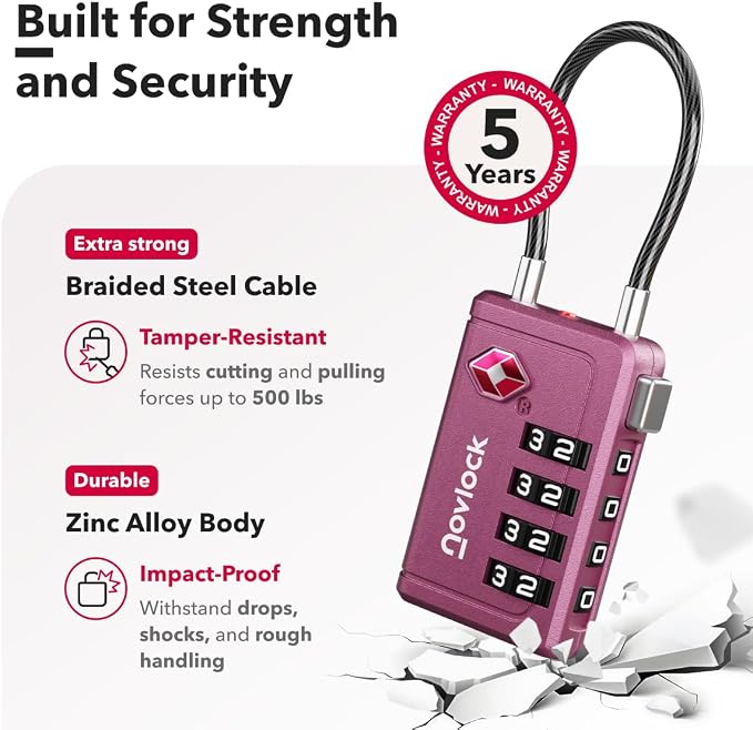 TSA Approved Luggage Locks, Travel Locks with Inspection Indicator | TSA008, Easy to Read Dials, 4 Digit Combination, Flexible Steel Cable, for Suitcases, Backpacks, Bags, 2-Pack, Purple - Image 4