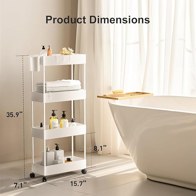 Pipishell 4 Tier Slim Storage Cart with Wheels, Laundry Cart, White | 7.1 inch Wide - Fits Narrow Spaces, Storage Cup and 6 Hooks, Ventilation Holes, Durable ABS Material, Detachable Wheels - Image 2