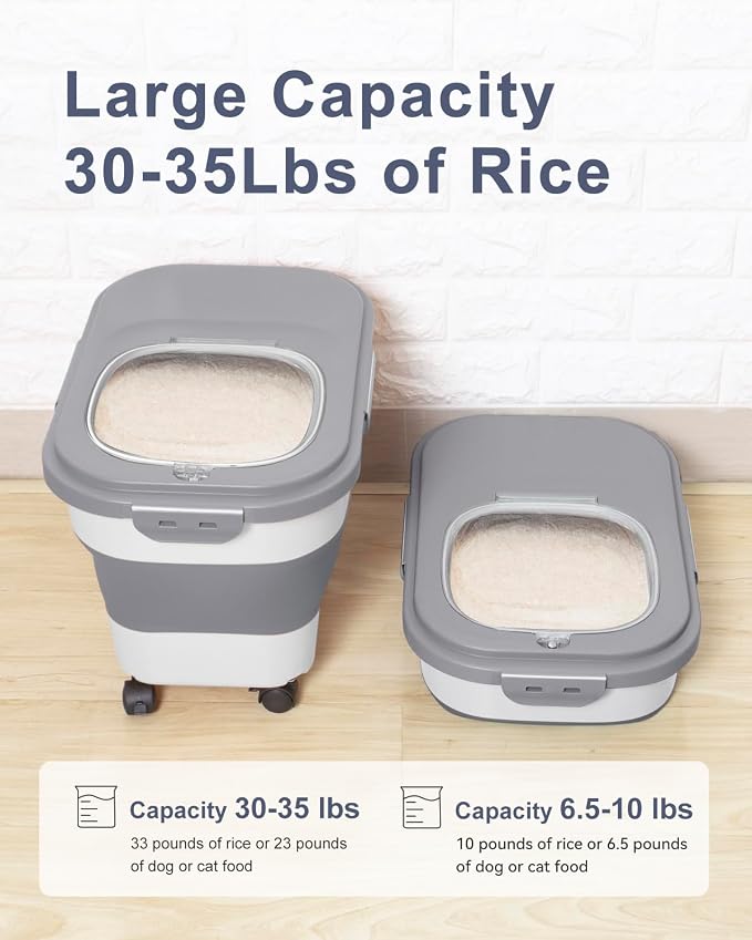 20-30 Lbs Rice Storage Container,Collapsible Food Storage Containers | Flour Storage Container with Wheels Airtight Locking Lid,Rice Container with Cup and Scoop,Suitable for Rice,Pet Food,Flour - Image 2