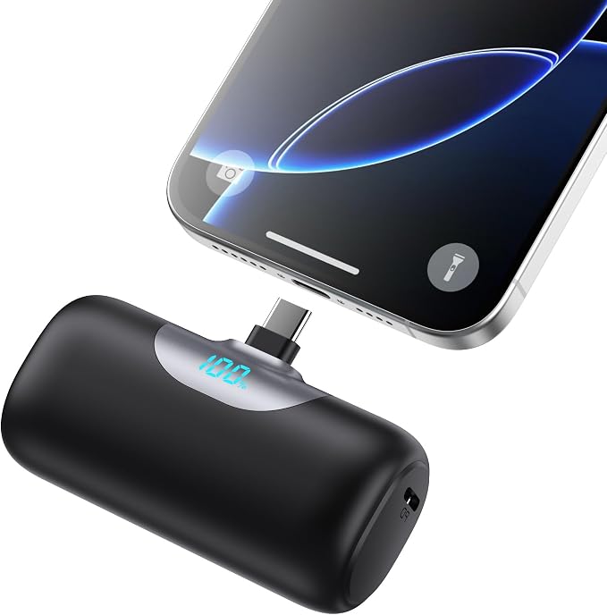 Mini Portable Charger USB C Power Bank,5500mAh PD Fast Charging Battery Pack Built-in USB-C Connector Travel Essential for iPhone17/17Pro/17Pro Max/Air/16 Plus/16Pro Max/15 Series,Android Black by HETP