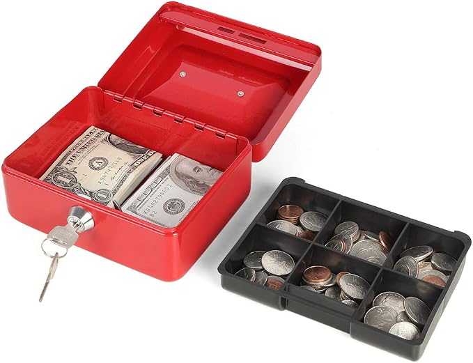 Decaller Small Cash Box with Key Lock, Double Layer Metal Money Box for Home Security, Portable Locking Box, 5.9" x 4.7" x 3.2", Red - Image 2