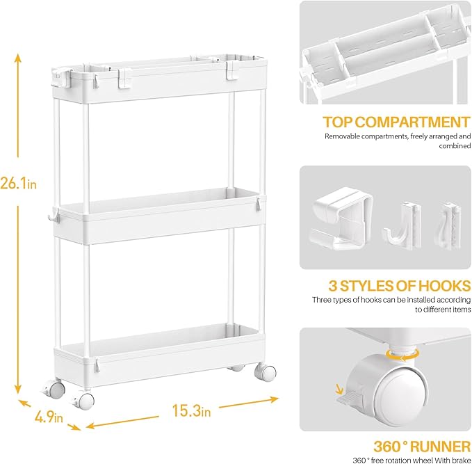 Slim Storage Cart 3 Tier,Bathroom Organizer Rolling Utility, Mobile Shelving Unit Slide Out for Office, Kitchen, Laundry Room & Narrow Places,White - Image 4