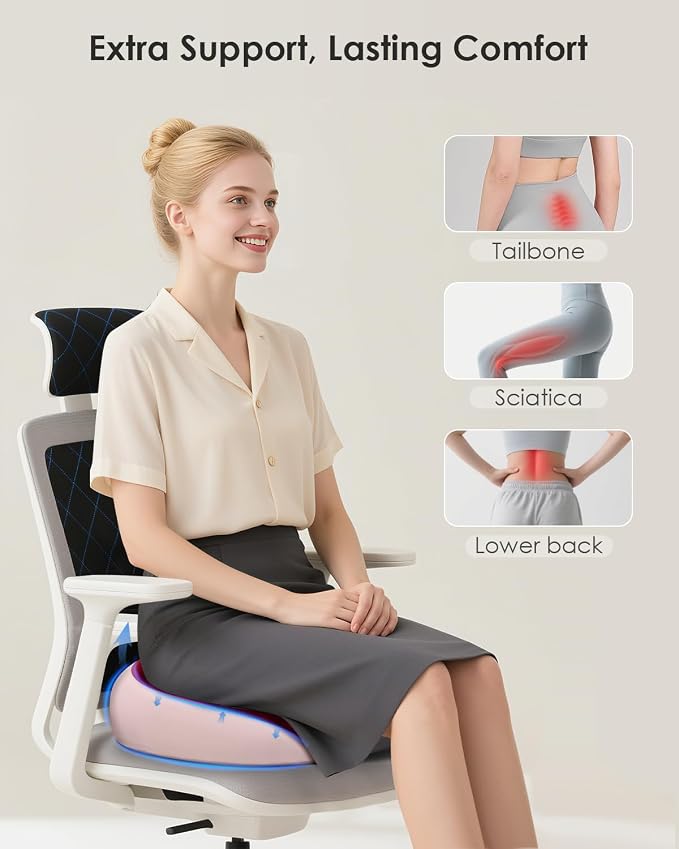 Seat Cushion, Memory Foam Cushion for Office Chair, Ergonomic Office Seat Chair Cushion for Relieving Sciatica, Soft & Breathable Car Seat Cushion - Pink - Image 2