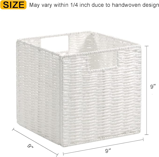 Wicker Storage Basket, Set of 2 Hand-Woven Storage Baskets for Organizing, White Foldable Cube Storage Bins Organizer, 9 x 9 Inch Square Wicker Storage Baskets for Shelves Pantry Decor - Image 2