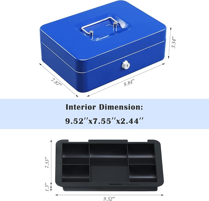 xydled Large Cash Box with Lock, Removable Coin Tray, Steel Money Box, Blue | Steel Cash Box with Key Lock, Removable Tray & Carry Handle, for Office, Retail, Home, and Money Storage, 9.8"x 7.8"x 3.5" - Image 6