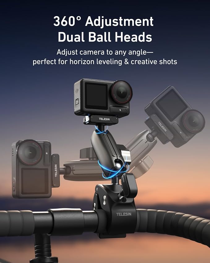 TELESIN Super Clamp Mount | Bike Mount for DJI Osmo Pocket 4 3 /DJI Osmo Action 6/Action 5 Pro/Action 4| Dual-Lock Magnetic Clips | 360°Rotation Ball Head | Fits 9-38mm Handlebar for Bike/Motorcycle - Image 4