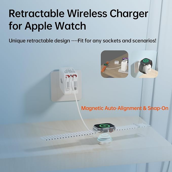 5-in-1 Retractable Apple Watch Charger, 35W Travel Wall Charger | Built-in 3.2ft USB-C, Older iPhone & Apple Watch Charging Cables, USB-A + USB-C Ports, Foldable Plug for Travel - Image 3