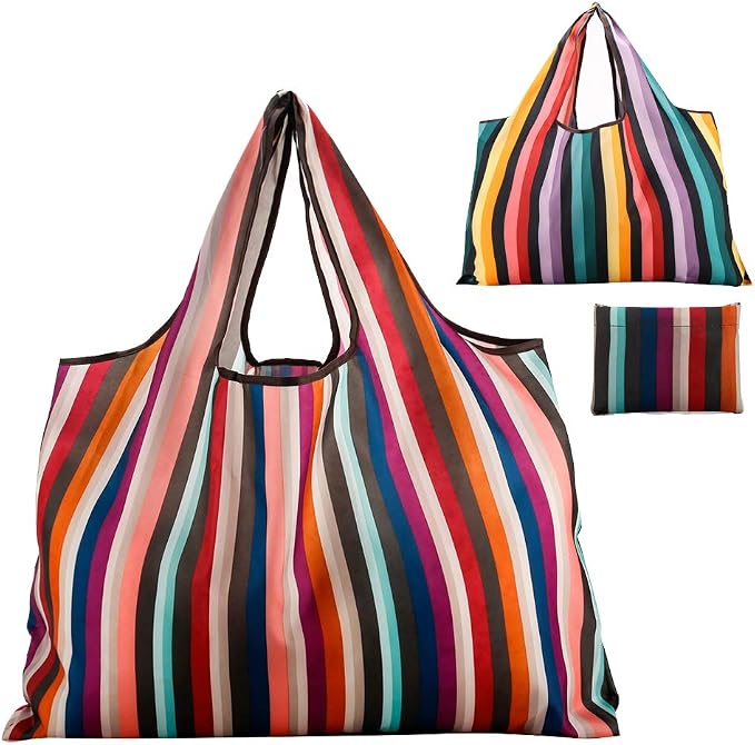 Reusable Grocery Bag 2 Packs Large Washable | Foldable Eco Friendly Nylon Heavy Duty Fits in Pocket Shopping Tote Bag (New Rainbow) by GOPHRALOVE