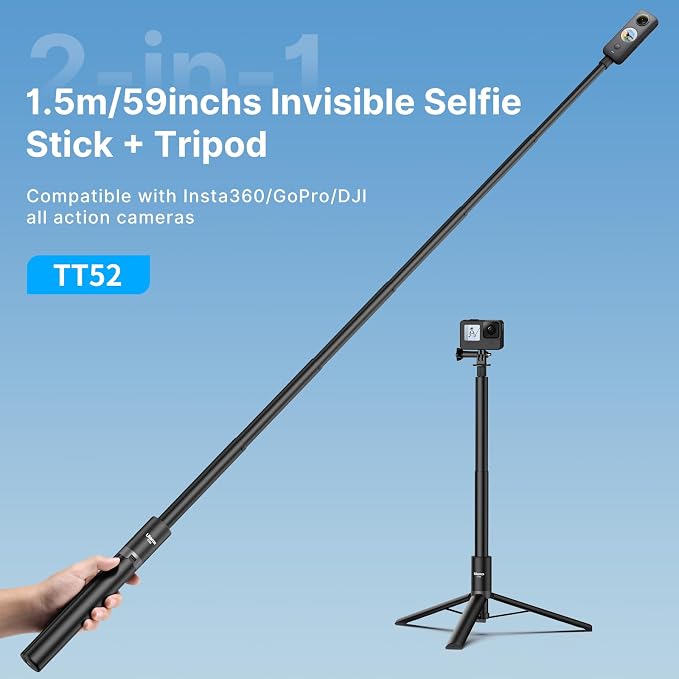 ULANZI TT52 2-in-1 Invisible Selfie Stick + Tripod Extension Pole | Auto-Open, 59in, Action Adapter Included, for DJI Osmo 360 Pocket Action/Insta360 X5 X4 X3 Luna Ultra Ace Pro/GoPro - Image 2