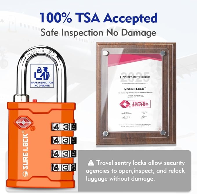 SURE LOCK TSA Approved 4 Digit Combination Lock, Heavy Duty Padlock with Red Dot Indicator for Gun Cases, Pelican Cases, Tool Boxes, Gym Lockers, Storage Units & Outdoor Gates (2, Orange) - Image 2