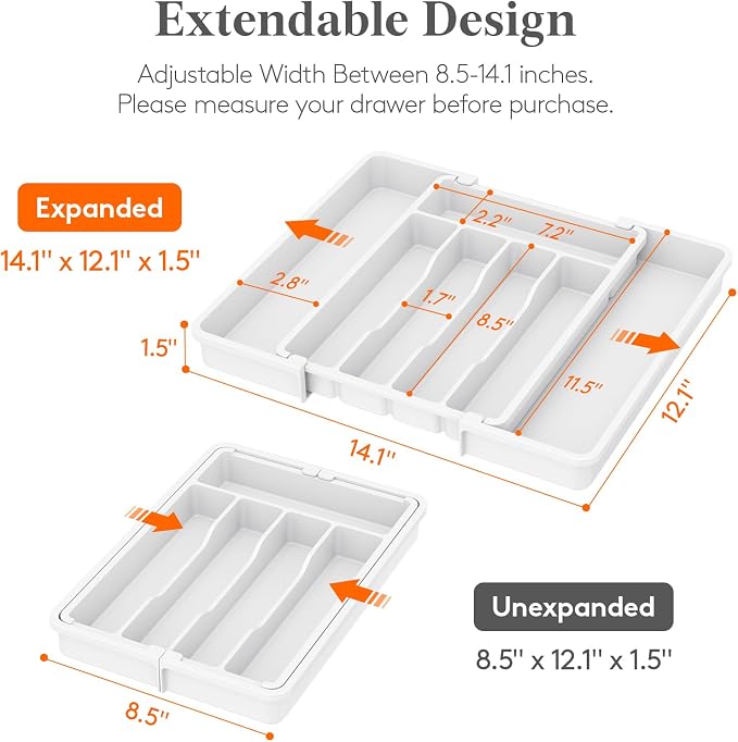 Lifewit Expandable Silverware Drawer Organizer, Kitchen Utensil Tray | BPA-free Plastic Flatware Cutlery Holder, Space-Saving Storage for Spoons Forks Knives, 8.5-14 x 12 x 1.5“, White - Image 2
