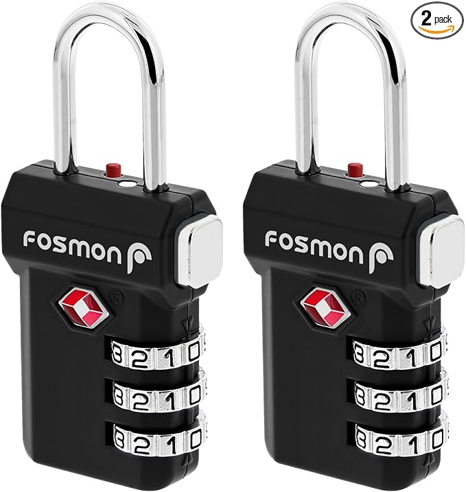 Fosmon TSA Approved Luggage Locks, 3 Digit Combination, 2 Pack Black | Push Release Button, Extra Security, Suitcase Travel Lock, Backpack Zipper Anti Theft, Gym Locker Gun Case Lock by Fosmon