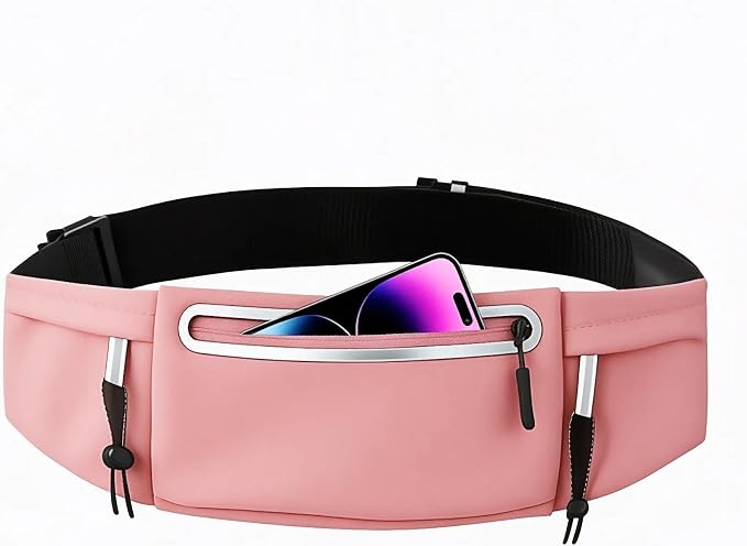 Running Belt Fanny Pack:3 Pocket Waist Bag for Men Women Workout Exercise Fitness Phone Holder Fits All Phones - Runner Marathon Jogging Race Belt with Bib Clip (Pink) by Unknown