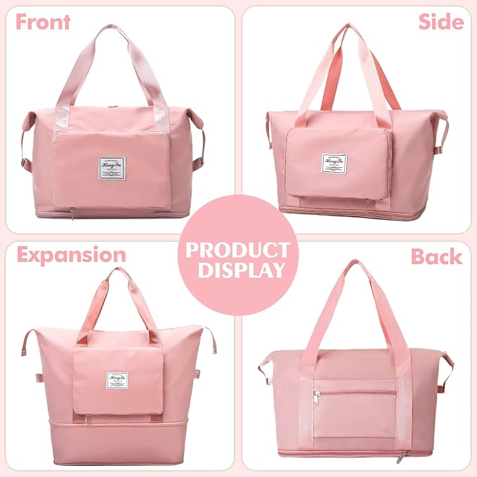 Travel Bag for Women Expandable Weekender Overnight Bag Carry on Sports Tote Gym Bag Waterproof Foldable Duffel Bag (Pink) - Image 4