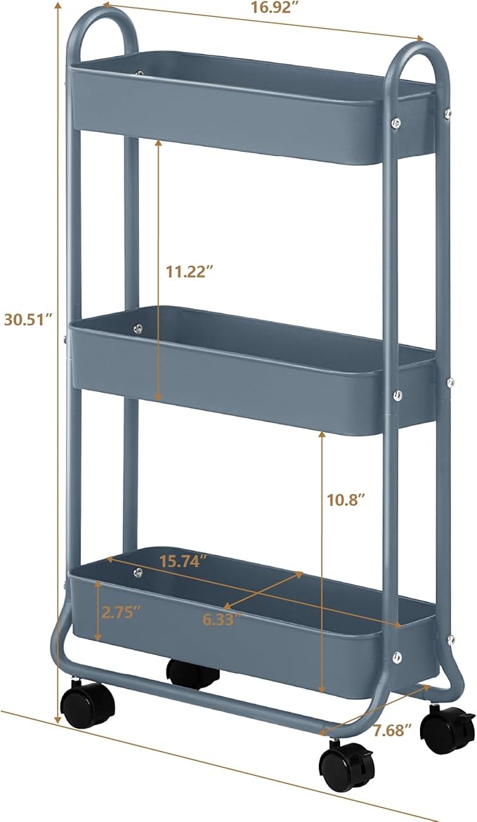 SunnyPoint Slim Rolling Storage Cart, 3 Tier Bathroom Storage Organizer Bathroom, Laundry Utility Cart (Blue) - Image 6