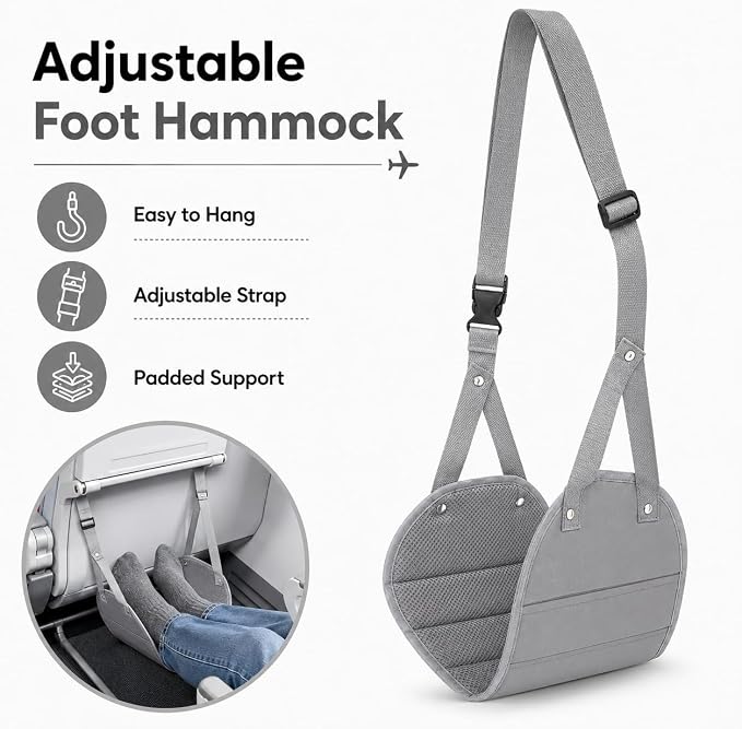 Travel Pillow and Blanket Set - Foot Hammock Rest Airplane Essentials, Grey | Memory Foam Neck Pillow Plane Foot Rest Airplane Accessories Essentials, Foldable Duffel Bag Eye Mask Earplugs for Comfort - Image 6
