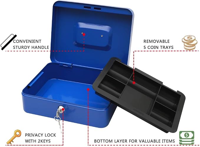 KYODOLED Large Lock Box with Money Tray,Storage Cash Box with Lock,Safe Metal Box for Money,9.84"x 7.87"x 3.54" Blue Large - Image 2