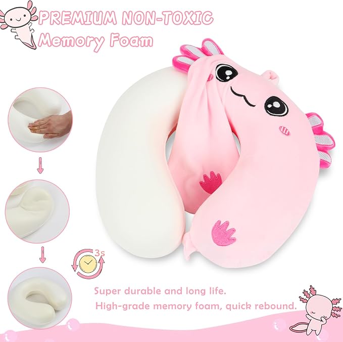 Travel Pillow, Kids Travel Pillow with Sleep Eye Mask Soft Memory Foam Kids Neck Pillow for Boys & Girls, Travel Accessories for Car Airplane Traveling - Axolotl - Image 3
