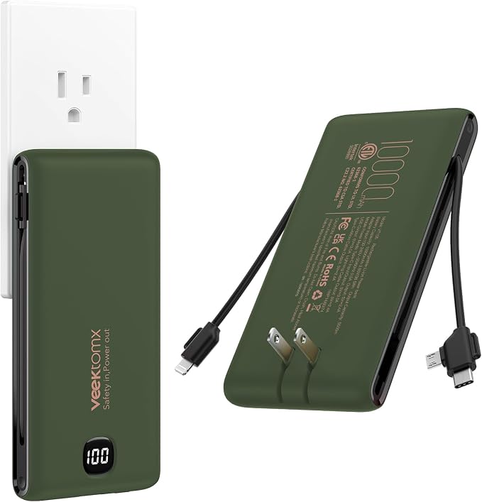 VEEKTOMX Portable Charger with Built-in Cables and AC Wall Plug, 10000mAh | Pocket-Size Travel Power Bank with USB-C and Micro-USB Cables for up to 4 Devices Including iPhone, iPad and Samsung, Green by VEEKTOMX