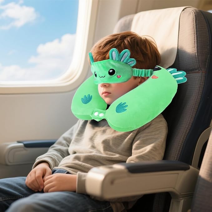 Travel Pillow, Kids Travel Pillow with Sleep Eye Mask Soft Memory Foam Kids Neck Pillow for Boys & Girls, Travel Accessories for Car Airplane Traveling - Green Axolotl - Image 6
