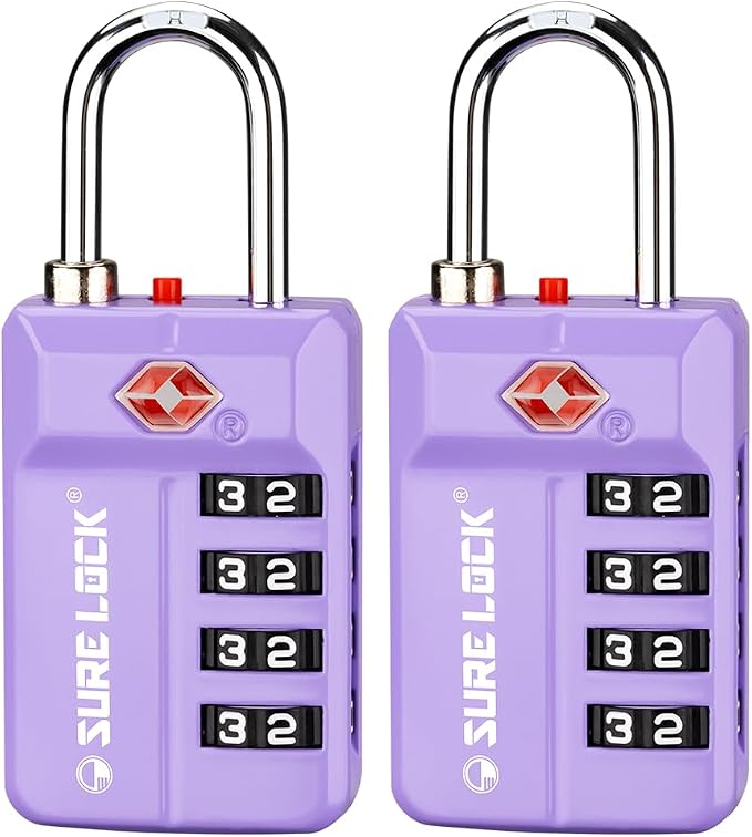 SURE LOCK TSA-Approved 4-Digit Resettable Combination Luggage Lock with Open Alert, Easy-Read Dials - for Luggage, School Lockers, Gym, Office, Toolbox & Security Cases (Purple 2 Pack) by Hopeyoucanstaysafe