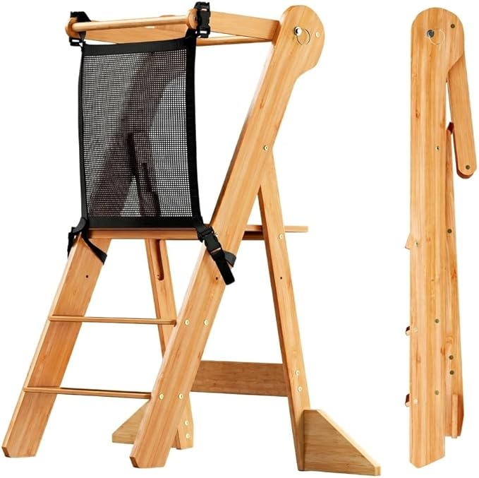 COSYLAND Toddler Standing Tower Foldable Toddler Kitchen Step Stool | Adjustable Height Folding Step Stool for Kids Learning and Cooking - Ages 18 Months to 6 Years with Safety Net Natural by COSYLAND