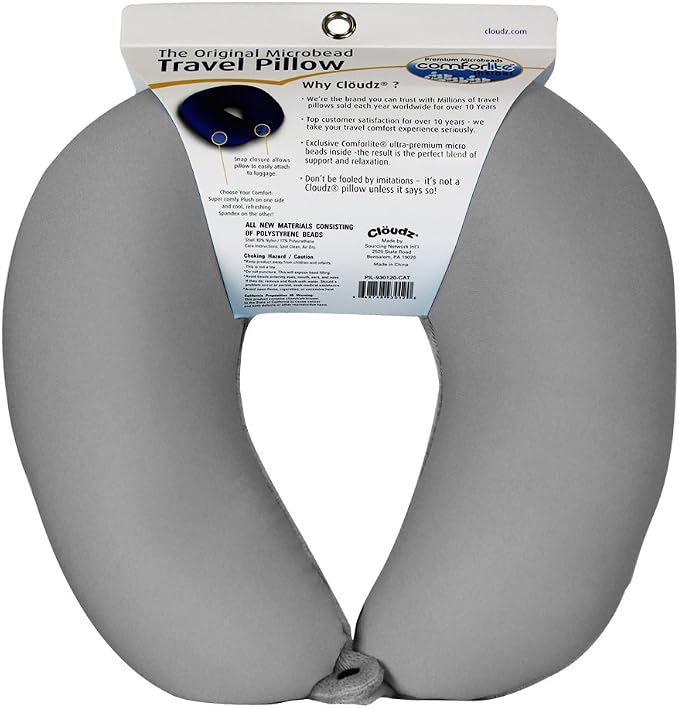Dual Comfort Microbead Airplane Travel Neck Pillow. Super Soft Cozy Plush Fabric on One Side, Cool Relaxing Spandex on The Other! Customize Your Comfort and Support at Home or On The Go! Grey - Image 2