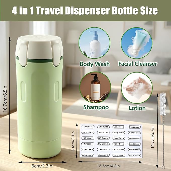 4-in-1 Travel Bottles for Toiletries, TSA Approved Leak Proof Travel Dispenser with Cleaning Brush,Pump and Lable, Shampoo Conditioner Dispenser Travel for Storing Shower Gel, Laundry Detergent - Image 7
