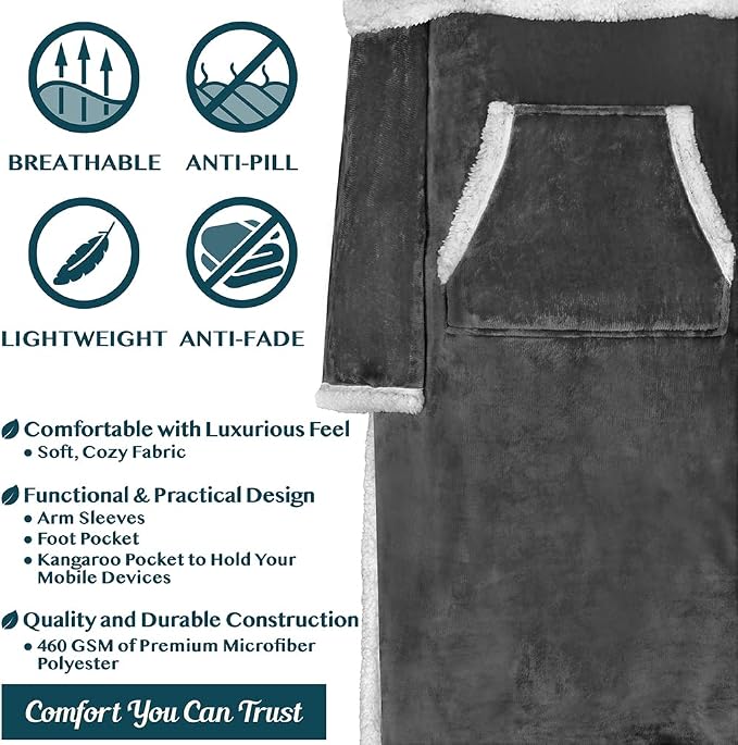 PAVILIA Sherpa Blanket with Sleeves, Foot Pocket for Women Men Adults, Thick Wearable Blanket Throw Wrap, Fleece Warm Snuggle Blanket Robe, Cozy Gift Ideas Wife Mom, Dark Gray - Image 4