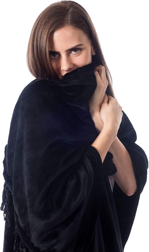 Travel Scarf for Women Airplane, Cozy Fleece Travel Wrap with Fringes, Perfect as a Travel Shawl or Office Blanket, Lightweight and Warm, Makes a Great Gift for Mom - Black - Image 2