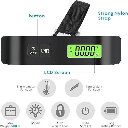 Luxebell Luggage Scale Portable Handheld Digital Suitcase Weight 110lbs Airplane Travel Essentials Gift LCD Backlight Temperature Sensor - Image 2