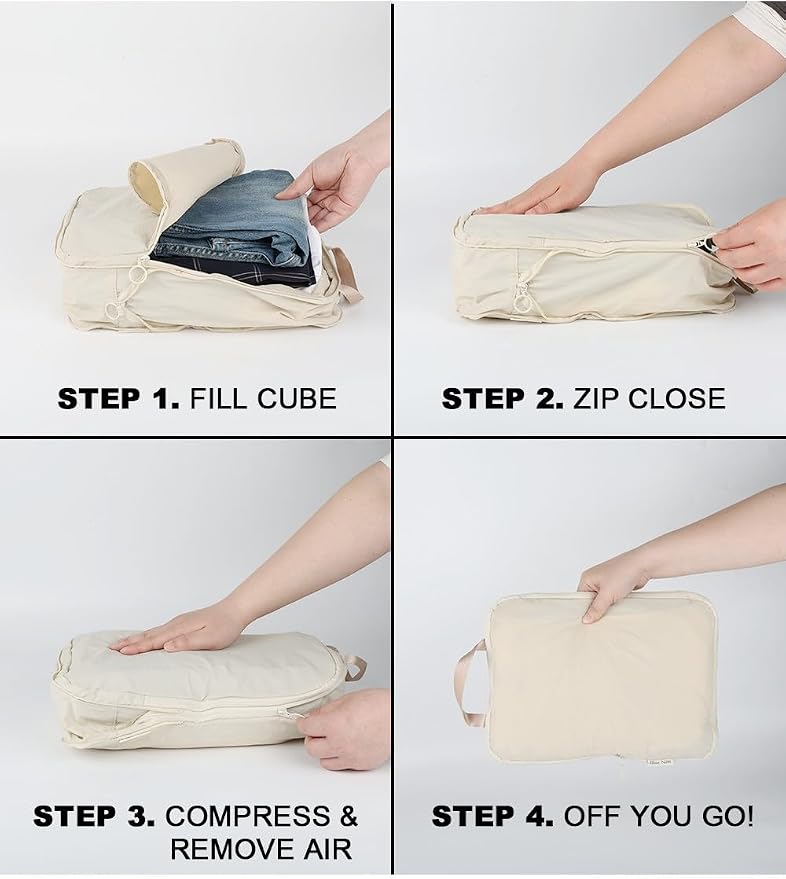 4 Set Compression Packing Cubes, Expandable Travel Organizer Bags, Water-Repellent Nylon, Space-Saving Luggage Set for Suitcase, Carry-on, Home Storage (4, Beige, Compression) - Image 6