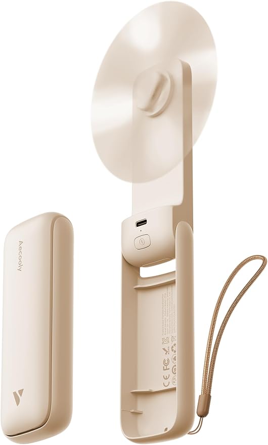 Aecooly Slim Portable Fan, Thin Handheld Fan, USB Rechargeable | Mini Personal [24H Max Cooling Time], Battery Powered Small Foldable Pocket for Travel, Summer, Gifts for Women, Girls -Beige by Aecooly