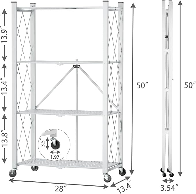 4-Tier Folding Shelf with Wheels No Assembly Portable Shelves | Folding Shelf Loads 600 LBS,Metal Steel Collapsible Shelves, Rolling Standing Utility Rack for Kitchen, Pantry, Office, White - Image 4