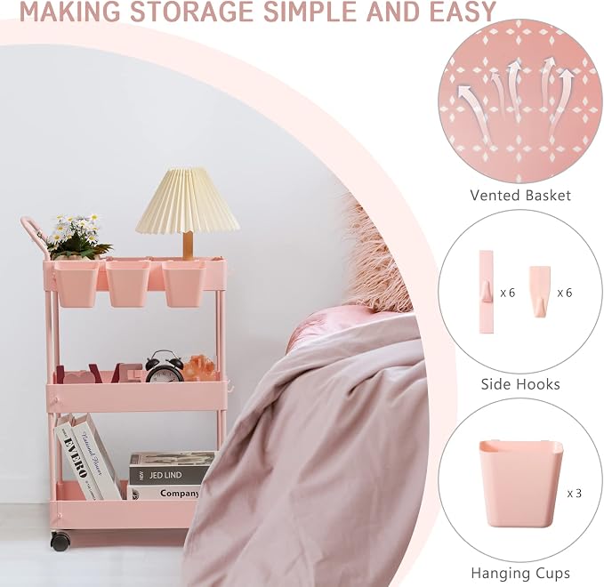 danpinera Slim Storage Cart, 3 Tier Narrow Rolling Cart on Wheels Bathroom Organizer with Dividers Handle Hanging Cups Hooks for Laundry Room Kitchen Small Spaces, Pink - Image 5