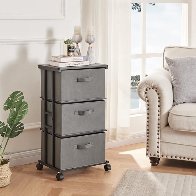 MAX Houser Dresser Tower with 3 Drawers, Grey | Fabric Storage Organizer Unit, Chest of Drawers with with WoodTop, Small Vertical Storage for Guest Room, Closet, Entryway - Image 2