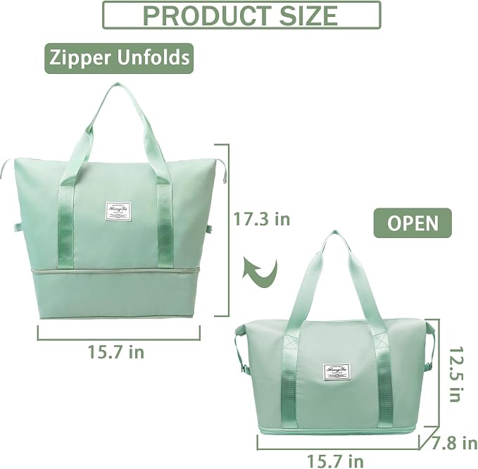 INVODA Travel Duffel Bag For Women and Men Waterproof Expandable Weekender Overnight Carry On Tote Bag Dry Wet Separation Swim Sports Gym Bag (Green) - Image 2