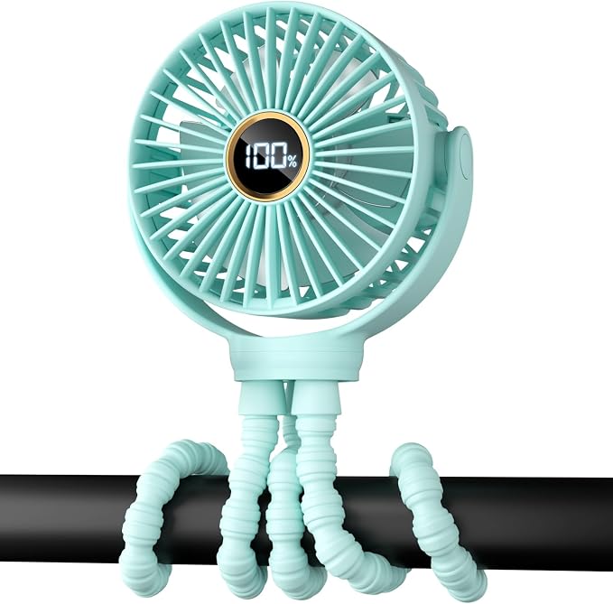 Portable Stroller Mini Fan, Small Rechargeable Personal Fan, Travel Essentials for Baby, Wagon, Car Seat, Treadmill, Battery Powered Biking Gear Accessories, 360° Rotation, 3-Speed, Display, Aqua - Image 6