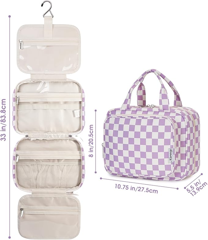 Narwey Hanging Toiletry Bag for Women Travel Makeup Bag Organizer Toiletries Bag for Travel Size Essentials Accessories Cosmetics (Purple Checkerboard (Medium)) - Image 7